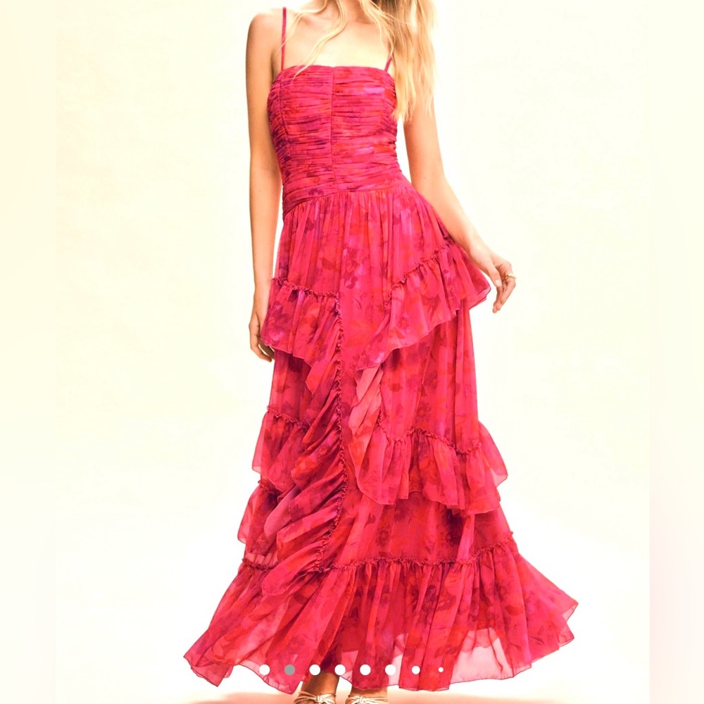 BHLDN THALIA PRINTED RUCHED SQUARE-NECK RUFFLE CHIFFON GOWN
